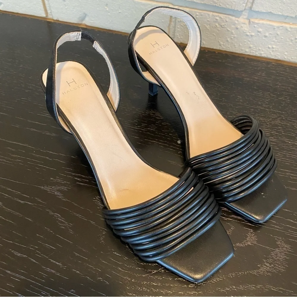 H Halston Hong Kong Sling Back Leather Heels Sandals Shoes BLACK 8.5 Square Toe